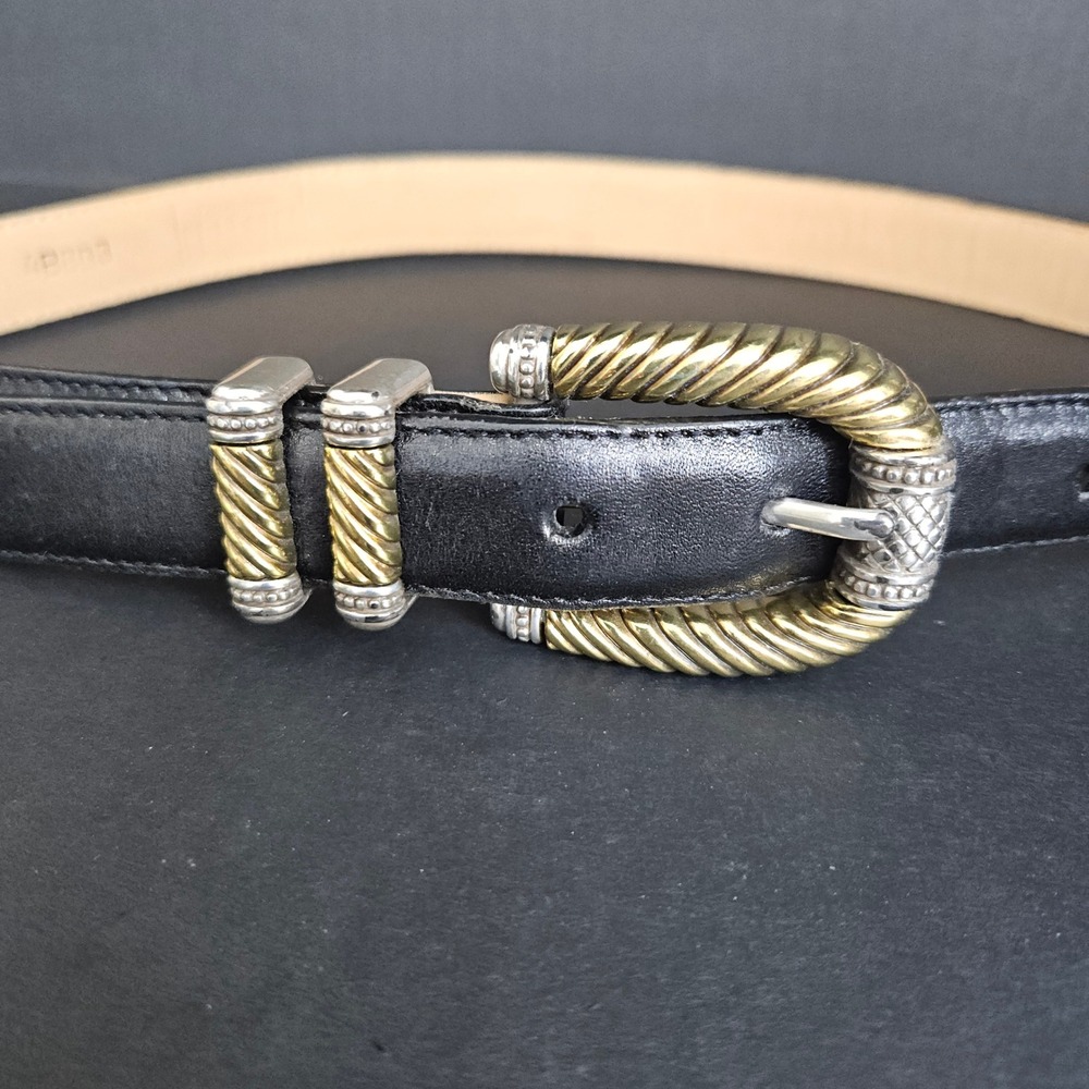 Brighton Women's Black Leather Belt ML 32 Silver & Gold Tones Metal Buckle 4B803